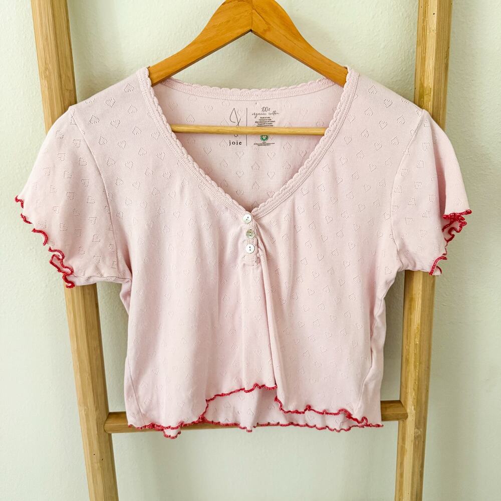 Joie Pink Pointelle Heart Crop Top Women’s S Organic Cotton Lettuce Trim Y2K